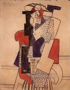 パブロ・ピカソ Painting - 肘掛け椅子に帽子をかぶった女性 1915 年キュビスト パブロ・ピカソ